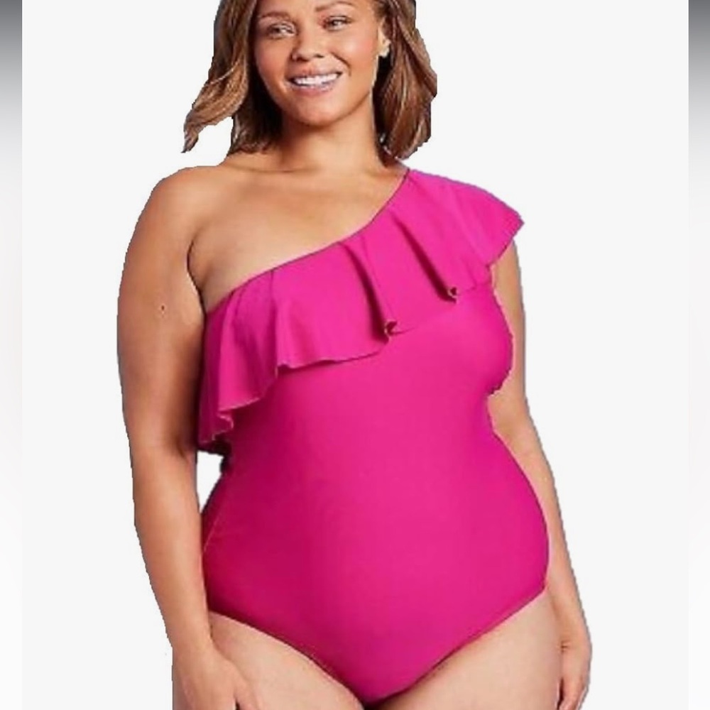 Pink ruffle one shoulder swimsuit